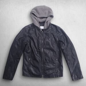 Esprit Faux Leather Jacket Removable Hood Satin Lined Women‎ S Black Edgy Biker